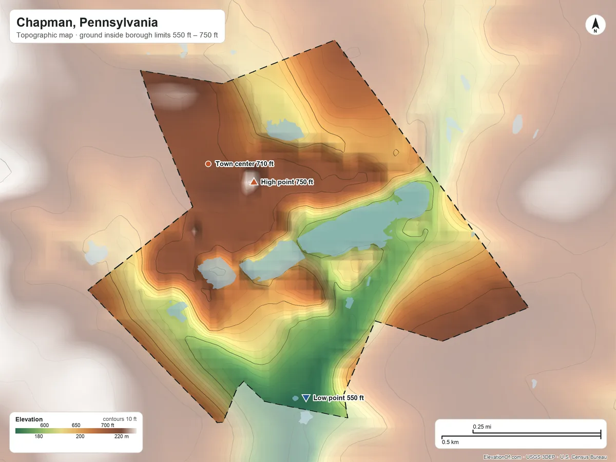 Topographic elevation map of Chapman, Pennsylvania, shaded from 550 ft on the southeast side to 750 ft near the middle