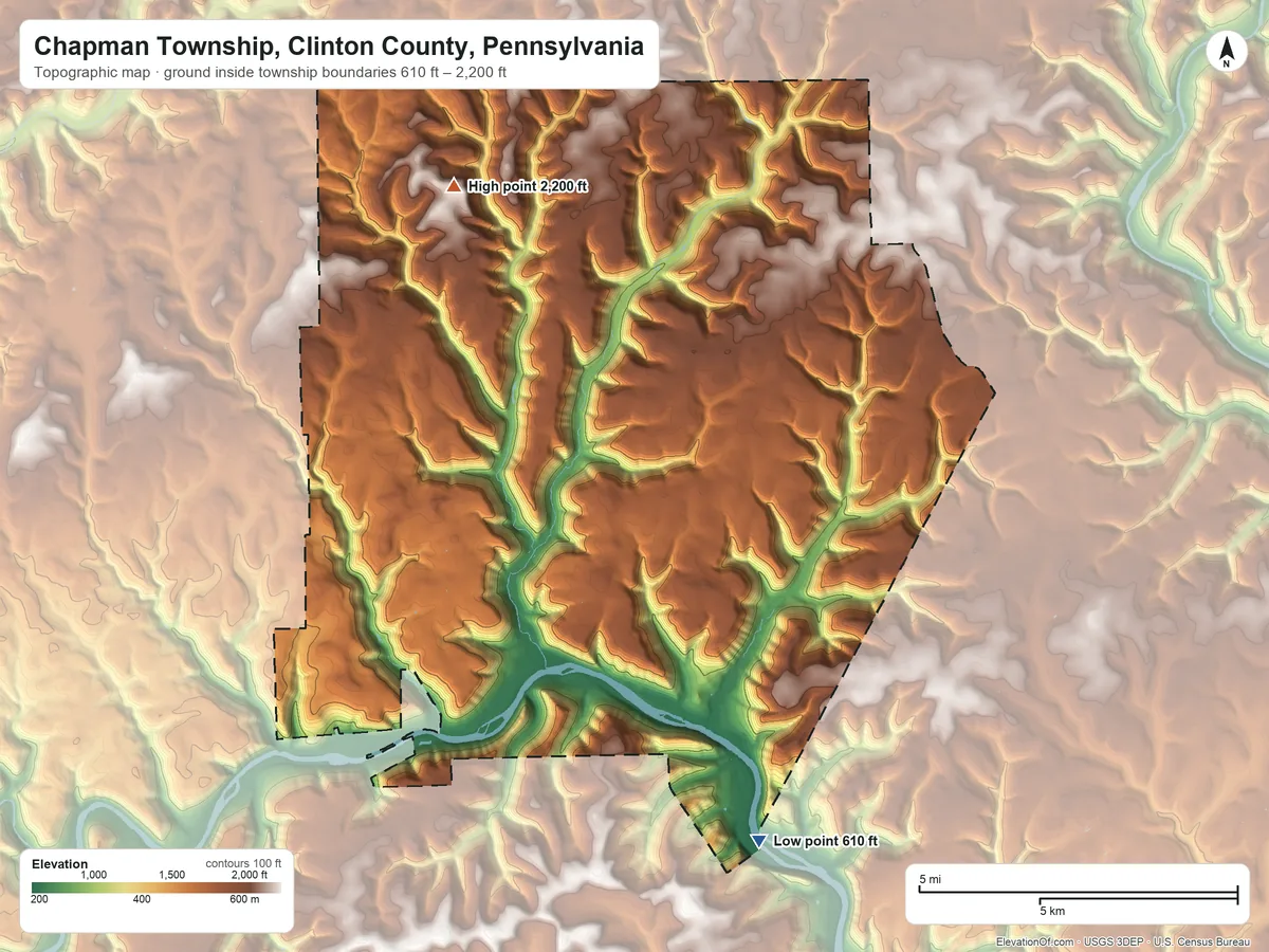 Topographic elevation map of Chapman Township, Clinton County, Pennsylvania, shaded from 610 ft on the southeast side to 2,200 ft on the north side