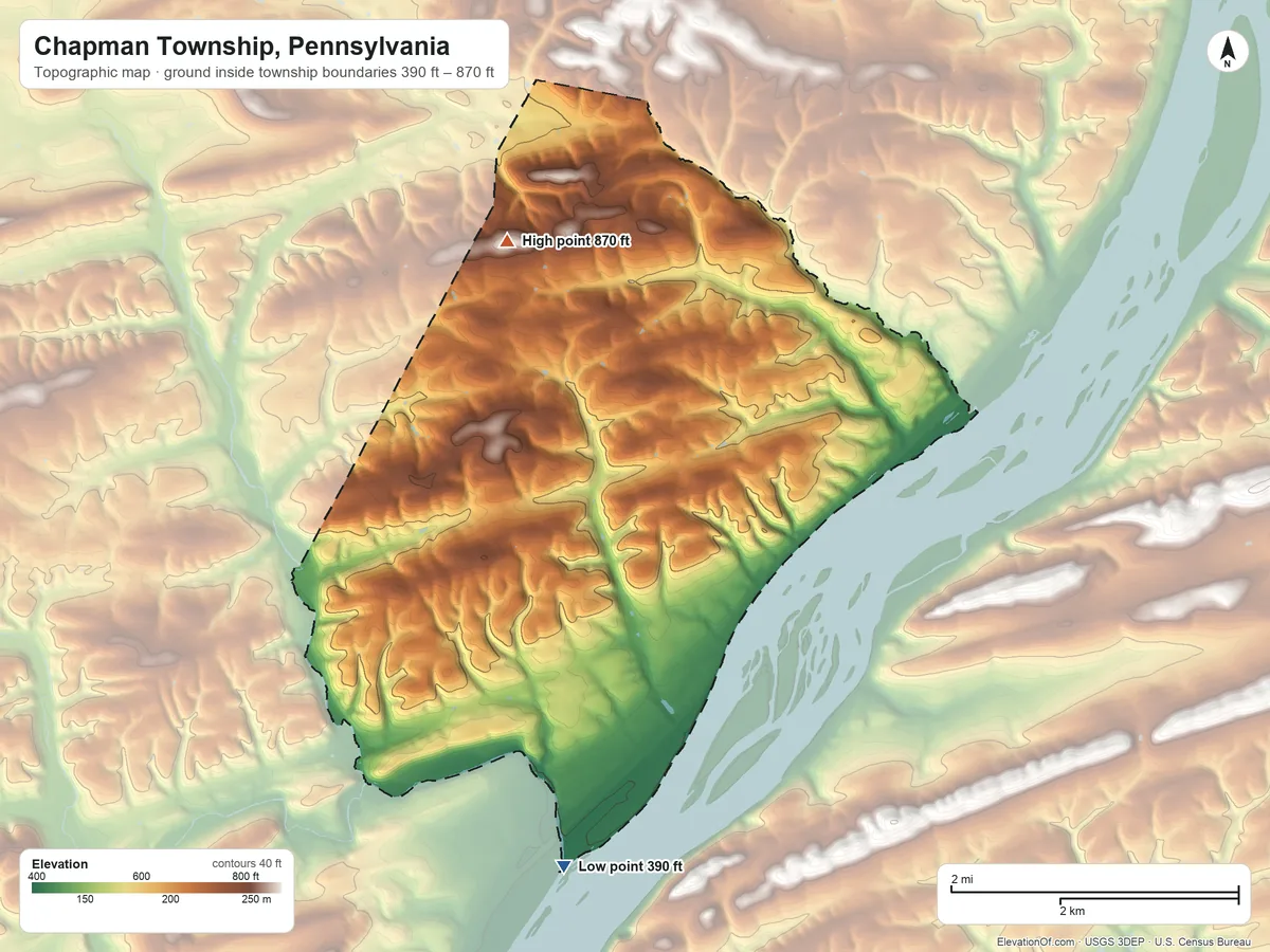 Topographic elevation map of Chapman Township, Pennsylvania, shaded from 390 ft on the south side to 870 ft on the northwest side