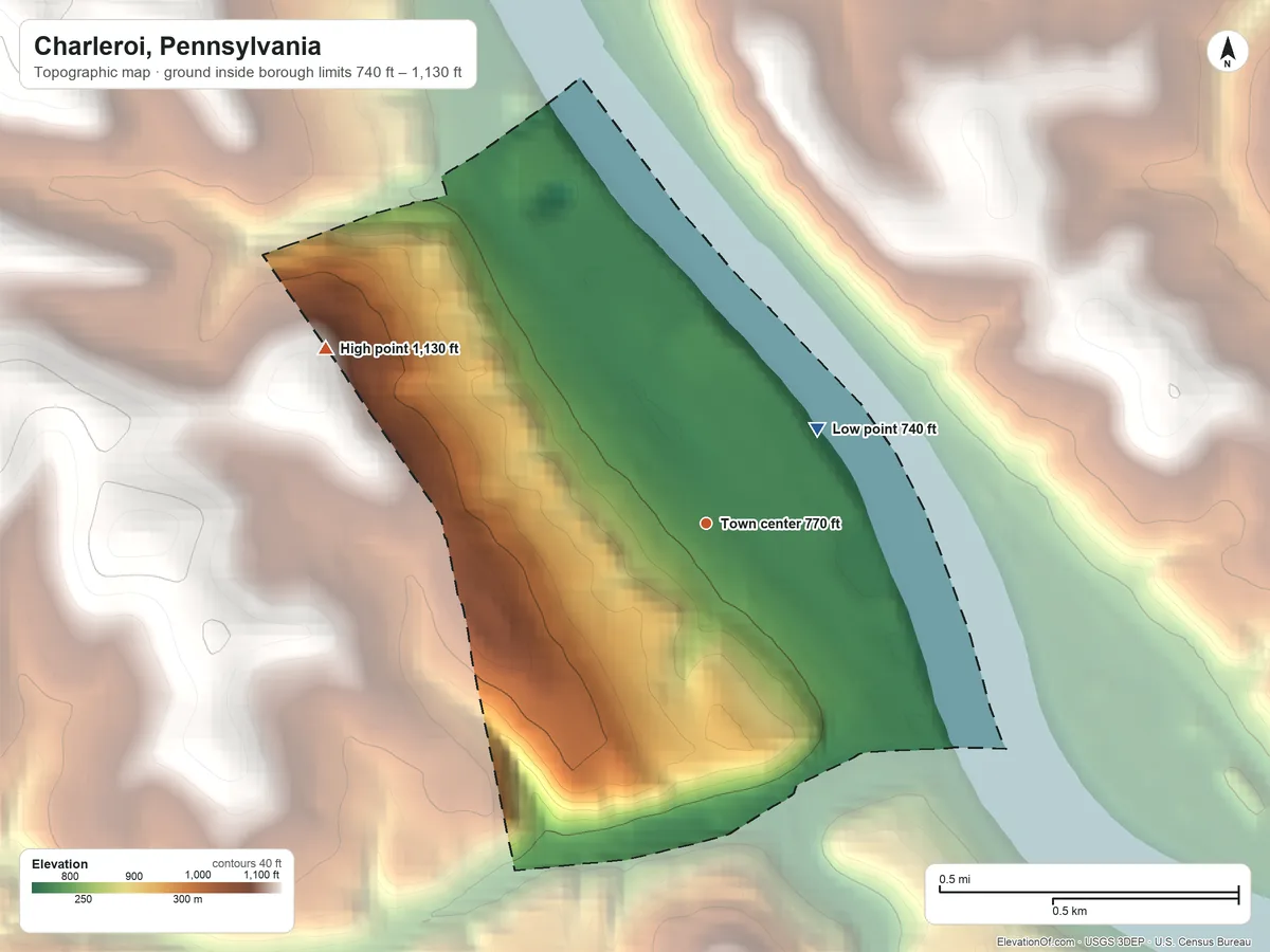 Topographic elevation map of Charleroi, Pennsylvania, shaded from 740 ft on the northeast side to 1,130 ft on the northwest side