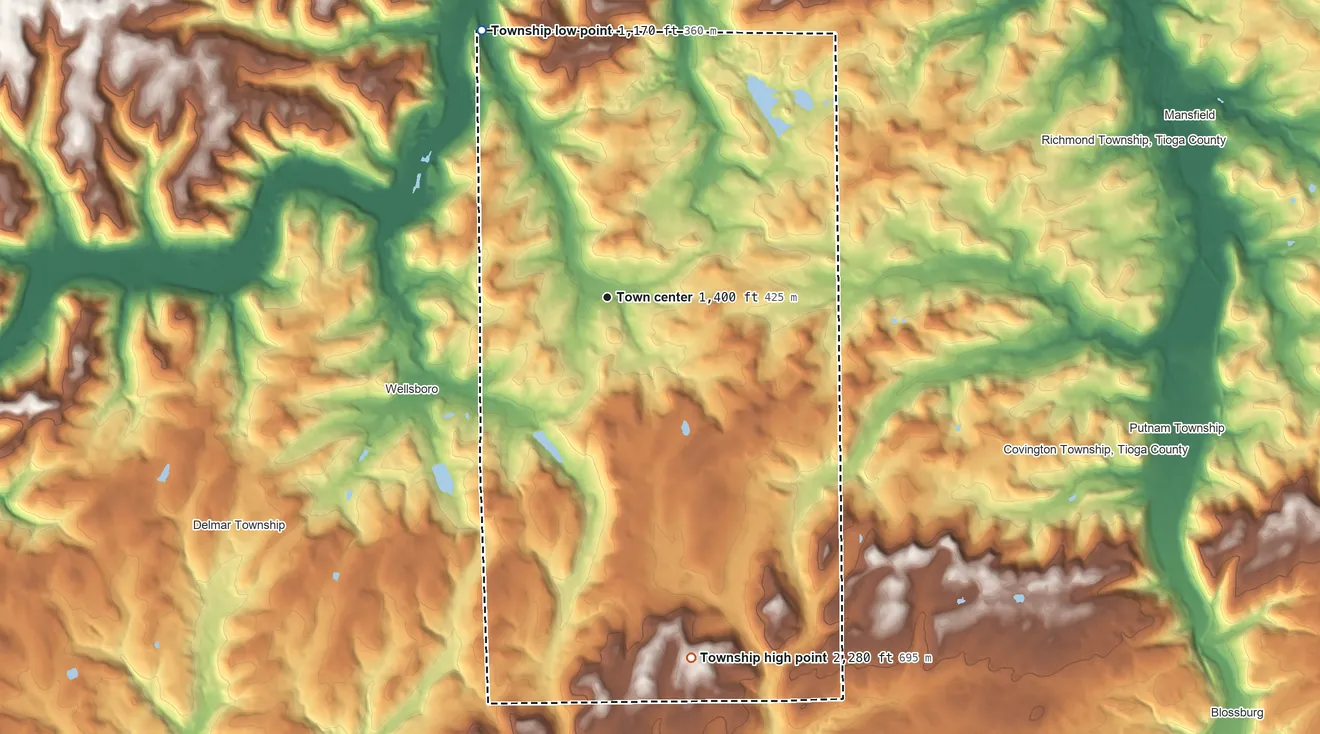 Topographic elevation map of Charleston Township, Pennsylvania, shaded from 1,170 ft on the northwest side to 2,280 ft on the south side