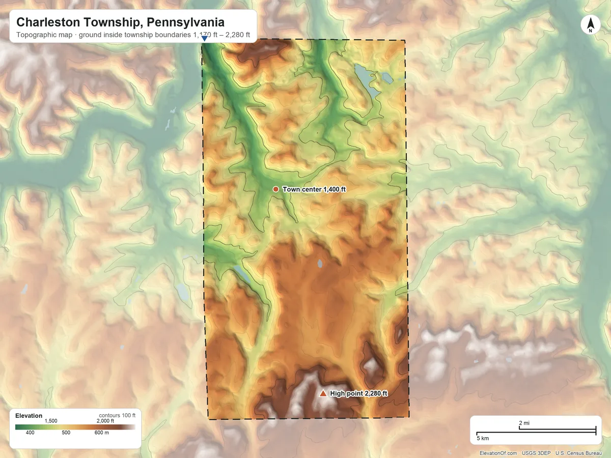 Topographic elevation map of Charleston Township, Pennsylvania, shaded from 1,170 ft on the northwest side to 2,280 ft on the south side