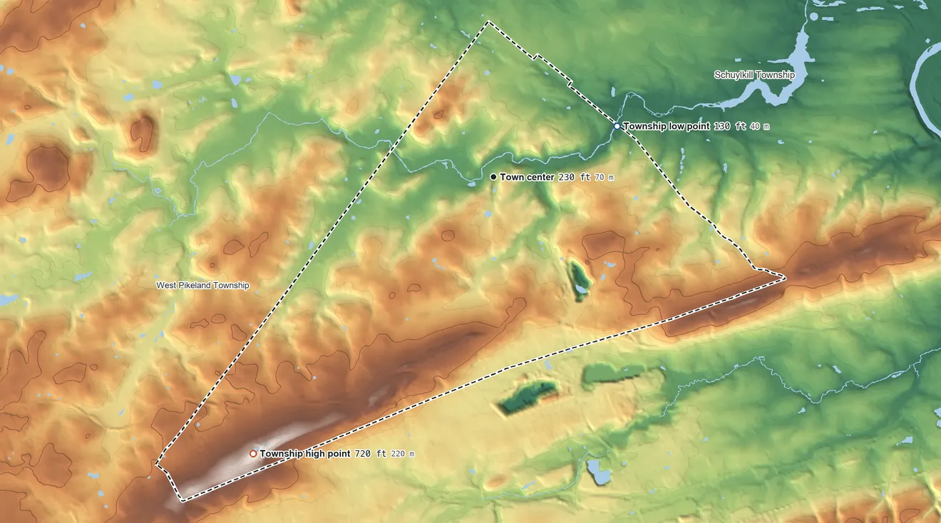 Topographic elevation map of Charlestown Township, Pennsylvania, shaded from 130 ft on the east side to 720 ft on the southwest side