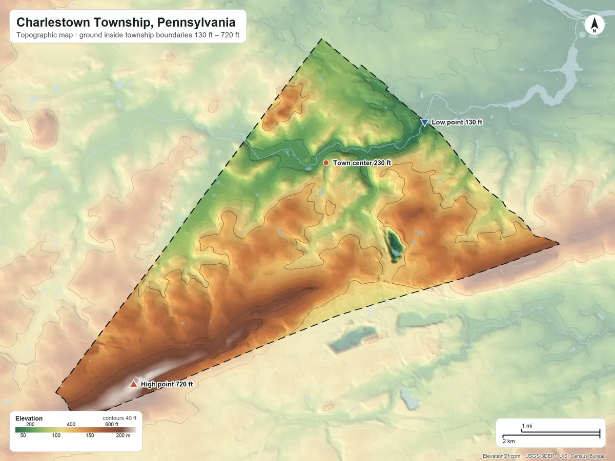 Topographic elevation map of Charlestown Township, Pennsylvania, shaded from 130 ft on the east side to 720 ft on the southwest side