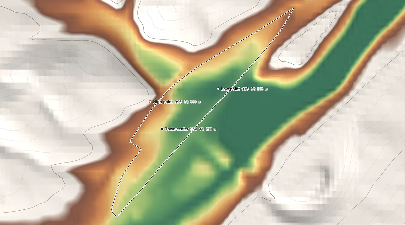 Topographic elevation map of Charlottsville, Pennsylvania, shaded from 930 ft on the northeast side to 990 ft on the northwest edge, below higher ground just outside