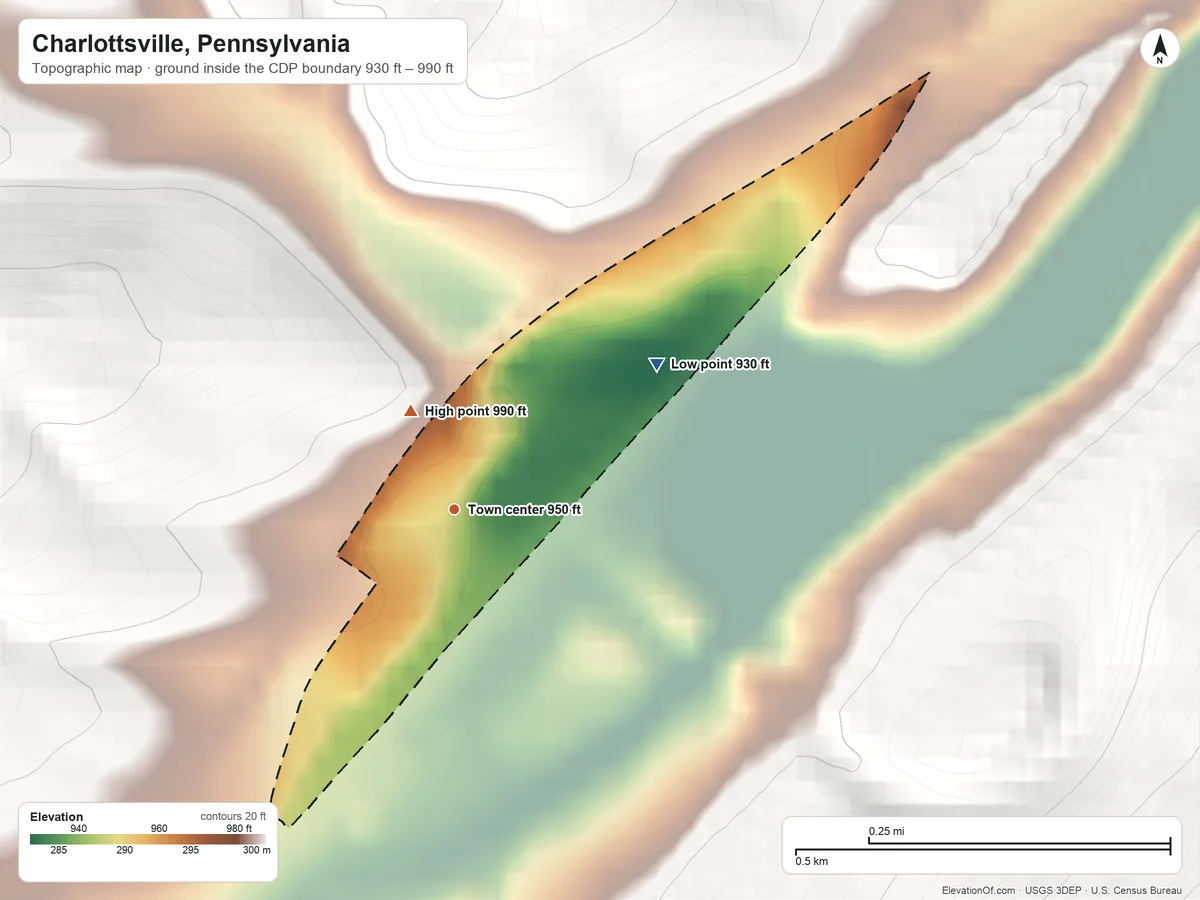 Topographic elevation map of Charlottsville, Pennsylvania, shaded from 930 ft on the northeast side to 990 ft on the northwest edge, below higher ground just outside