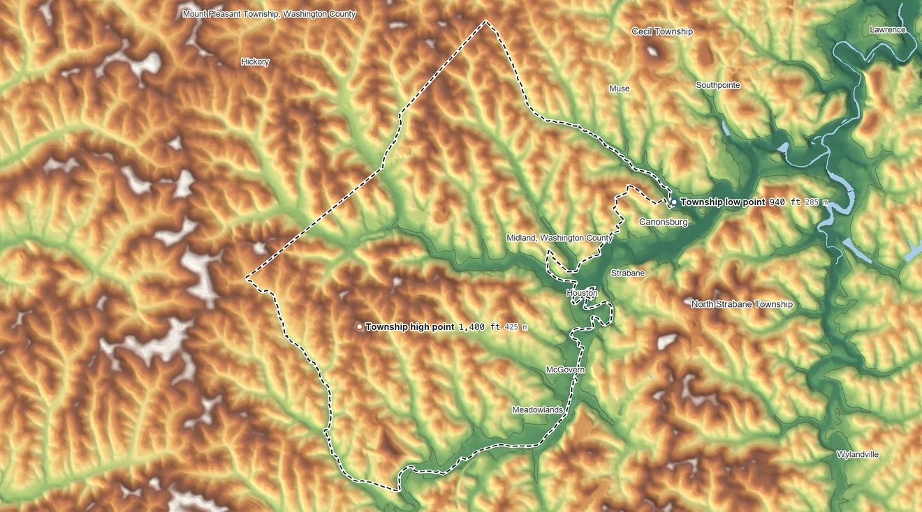 Topographic elevation map of Chartiers Township, Pennsylvania, shaded from 940 ft on the northeast side to 1,400 ft on the west side