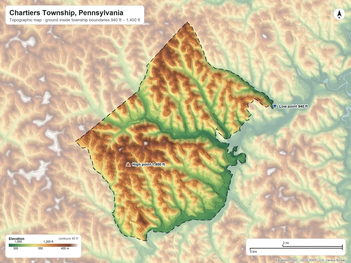 Topographic elevation map of Chartiers Township, Pennsylvania, shaded from 940 ft on the northeast side to 1,400 ft on the west side