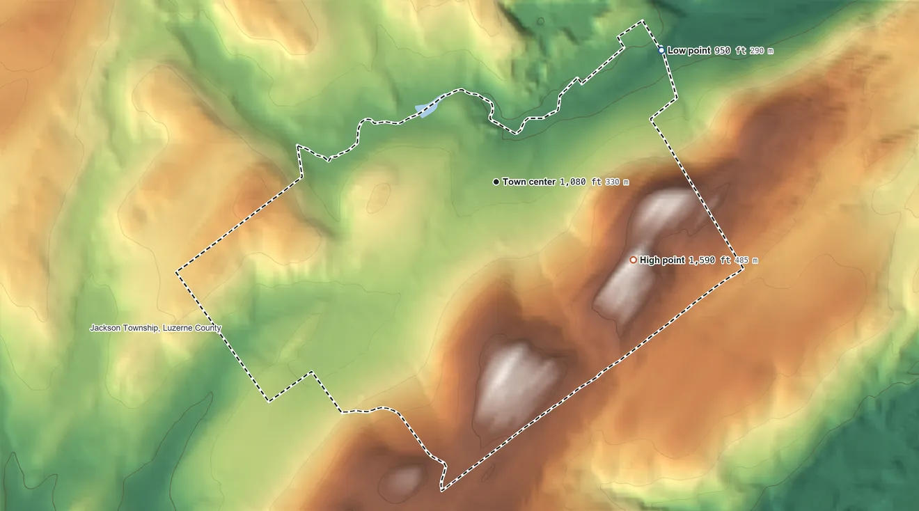 Topographic elevation map of Chase, Pennsylvania, shaded from 950 ft on the northeast side to 1,590 ft on Larksville Mountain