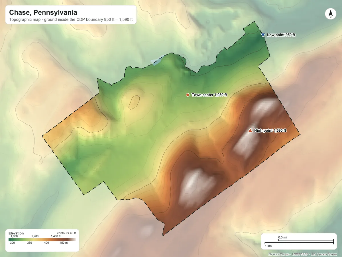 Topographic elevation map of Chase, Pennsylvania, shaded from 950 ft on the northeast side to 1,590 ft on Larksville Mountain