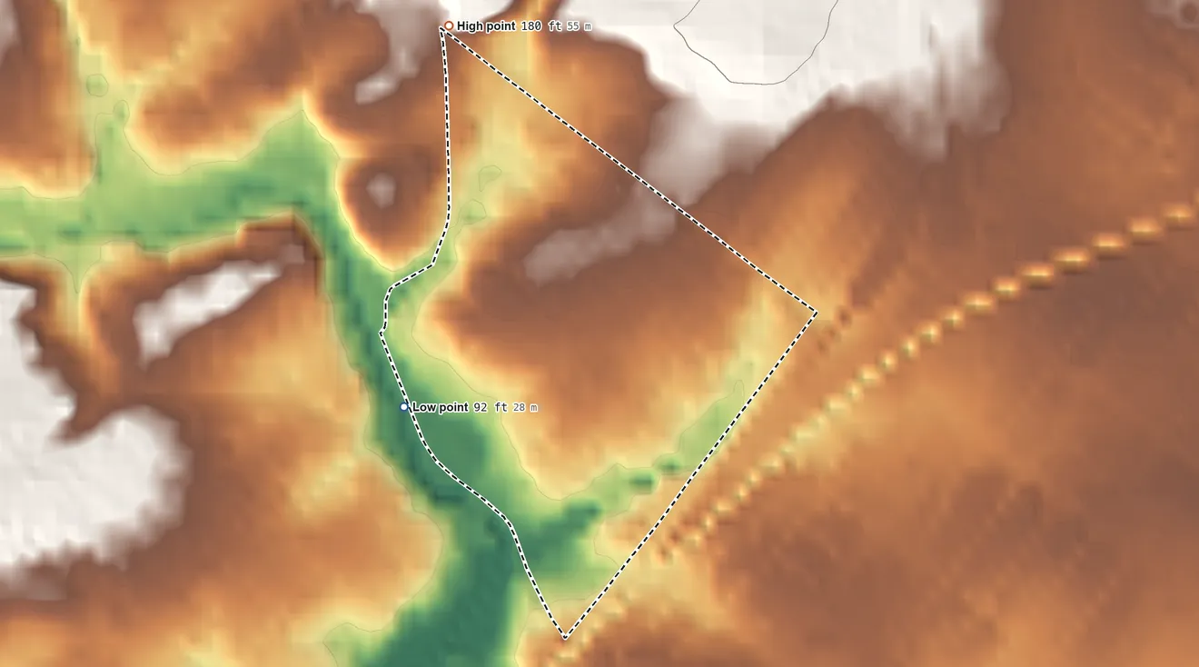 Topographic elevation map of Cheltenham Village, Pennsylvania, shaded from 92 ft on the southwest side to 180 ft on the northwest side