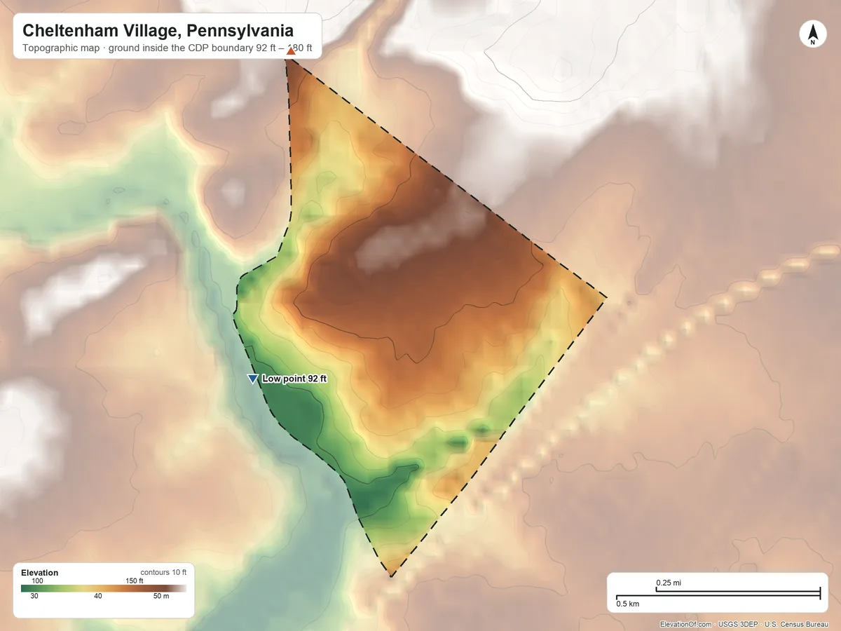 Topographic elevation map of Cheltenham Village, Pennsylvania, shaded from 92 ft on the southwest side to 180 ft on the northwest side