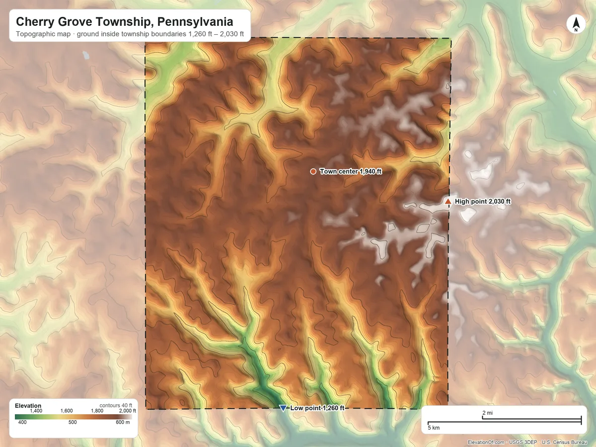 Topographic elevation map of Cherry Grove Township, Pennsylvania, shaded from 1,260 ft on the south side to 2,030 ft on the east side