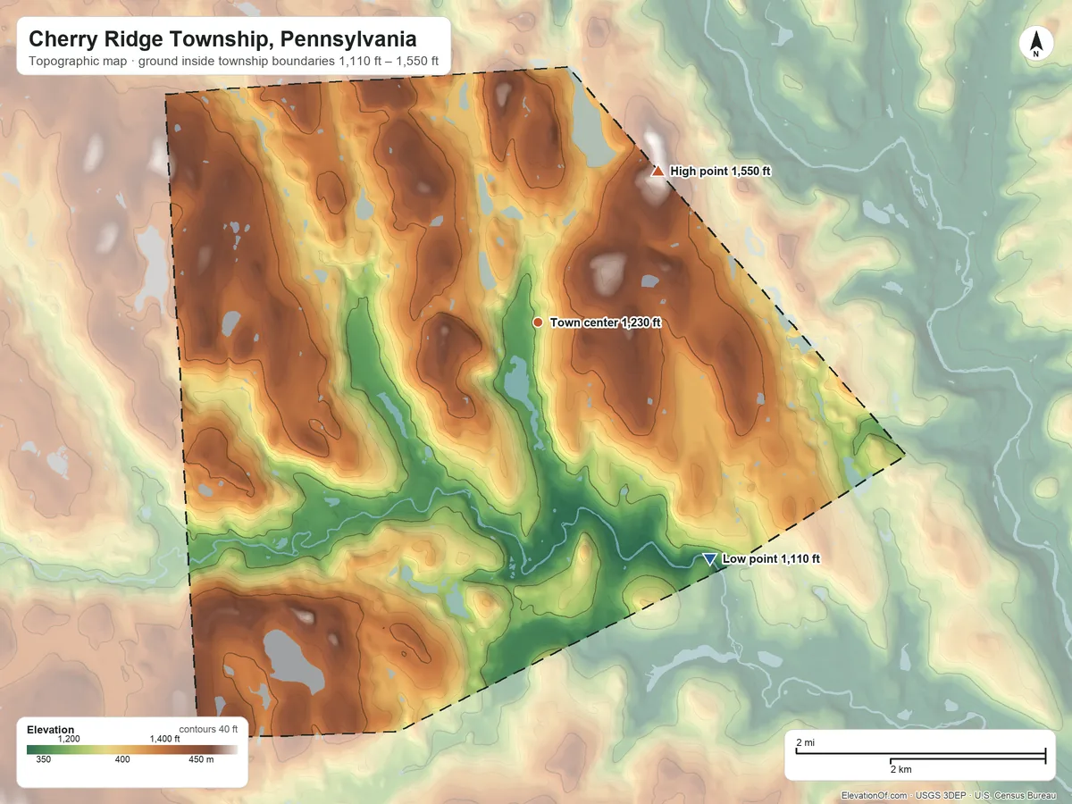 Topographic elevation map of Cherry Ridge Township, Pennsylvania, shaded from 1,110 ft on the southeast side to 1,550 ft on the northeast side