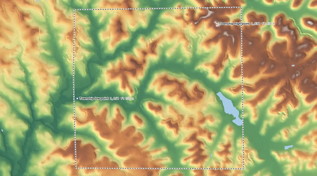 Topographic elevation map of Cherry Township, Butler County, Pennsylvania, shaded from 1,160 ft on the west side to 1,530 ft on the northeast side