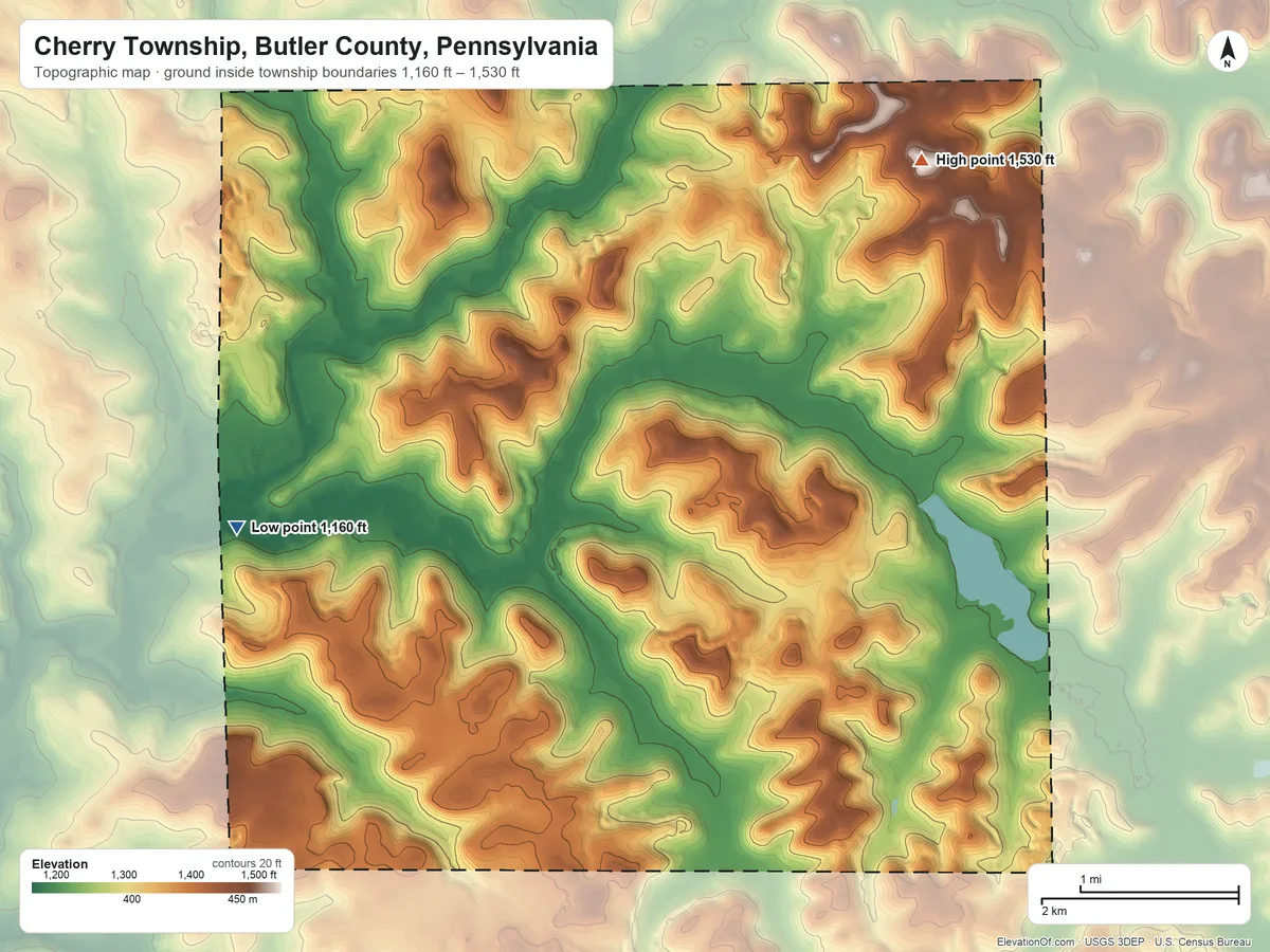 Topographic elevation map of Cherry Township, Butler County, Pennsylvania, shaded from 1,160 ft on the west side to 1,530 ft on the northeast side