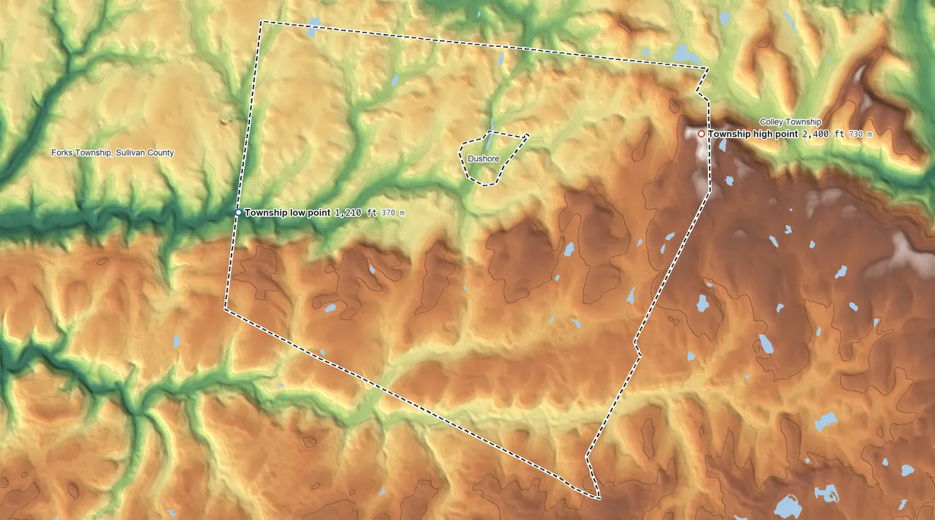 Topographic elevation map of Cherry Township, Pennsylvania, shaded from 1,210 ft on the west side to 2,400 ft on the east side