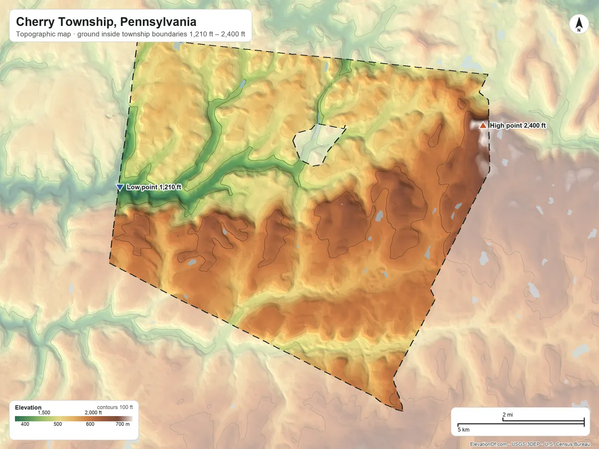Topographic elevation map of Cherry Township, Pennsylvania, shaded from 1,210 ft on the west side to 2,400 ft on the east side