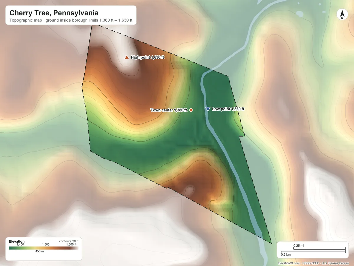 Topographic elevation map of Cherry Tree, Pennsylvania, shaded from 1,360 ft near the middle to 1,630 ft on the northwest side
