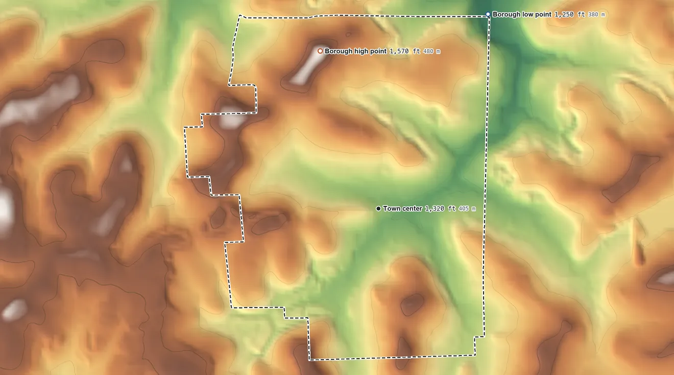 Topographic elevation map of Cherry Valley, Pennsylvania, shaded from 1,250 ft on the northeast side to 1,570 ft on Eakin Knob