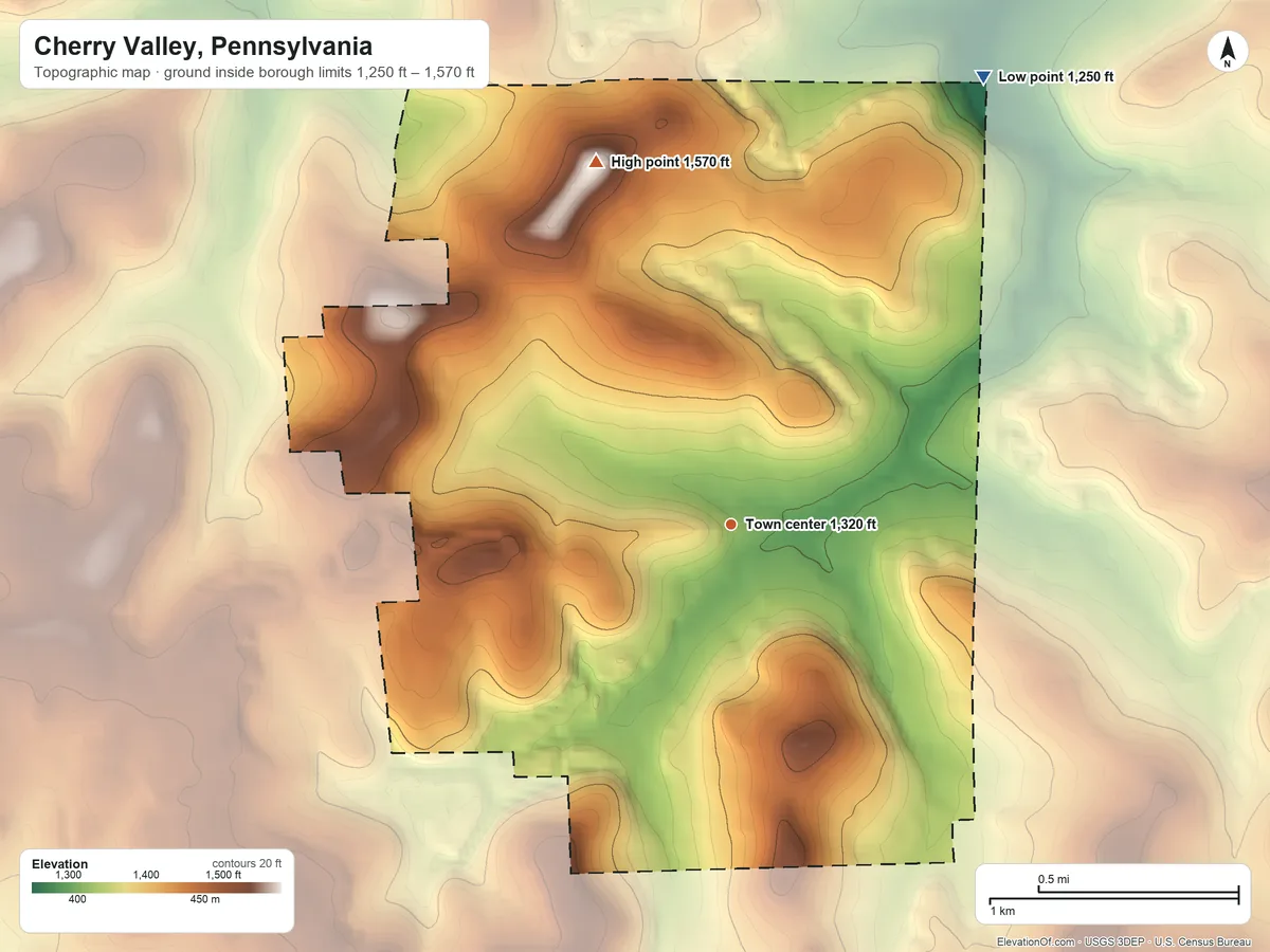 Topographic elevation map of Cherry Valley, Pennsylvania, shaded from 1,250 ft on the northeast side to 1,570 ft on Eakin Knob