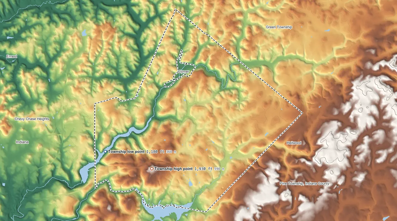 Topographic elevation map of Cherryhill Township, Pennsylvania, shaded from 1,180 ft on the west side to 1,930 ft on the southwest side