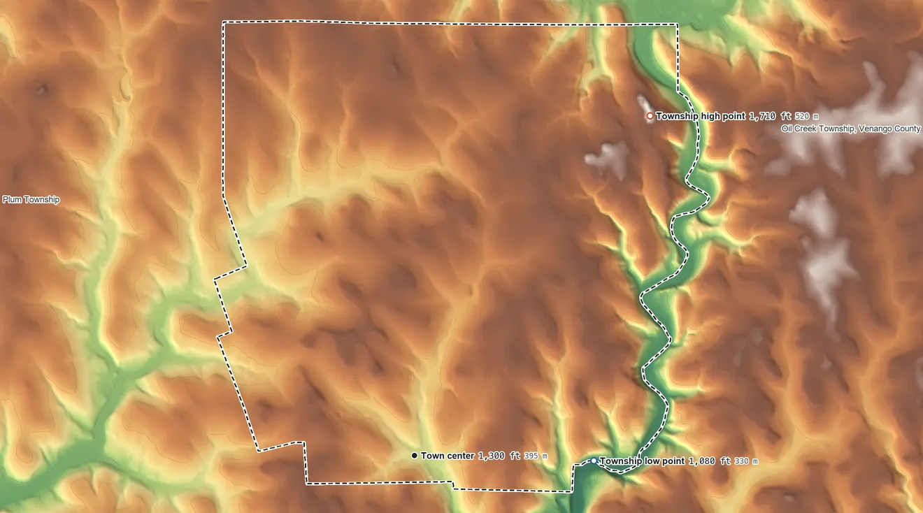 Topographic elevation map of Cherrytree Township, Pennsylvania, shaded from 1,080 ft on the east side to 1,710 ft on the northeast side