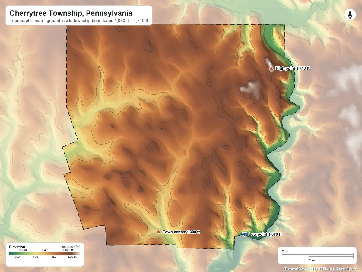 Topographic elevation map of Cherrytree Township, Pennsylvania, shaded from 1,080 ft on the east side to 1,710 ft on the northeast side