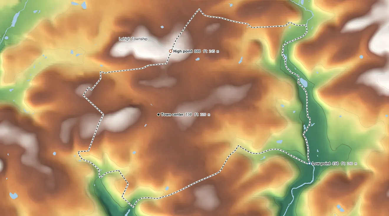 Topographic elevation map of Cherryville, Pennsylvania, shaded from 450 ft on the east side to 800 ft on the north side