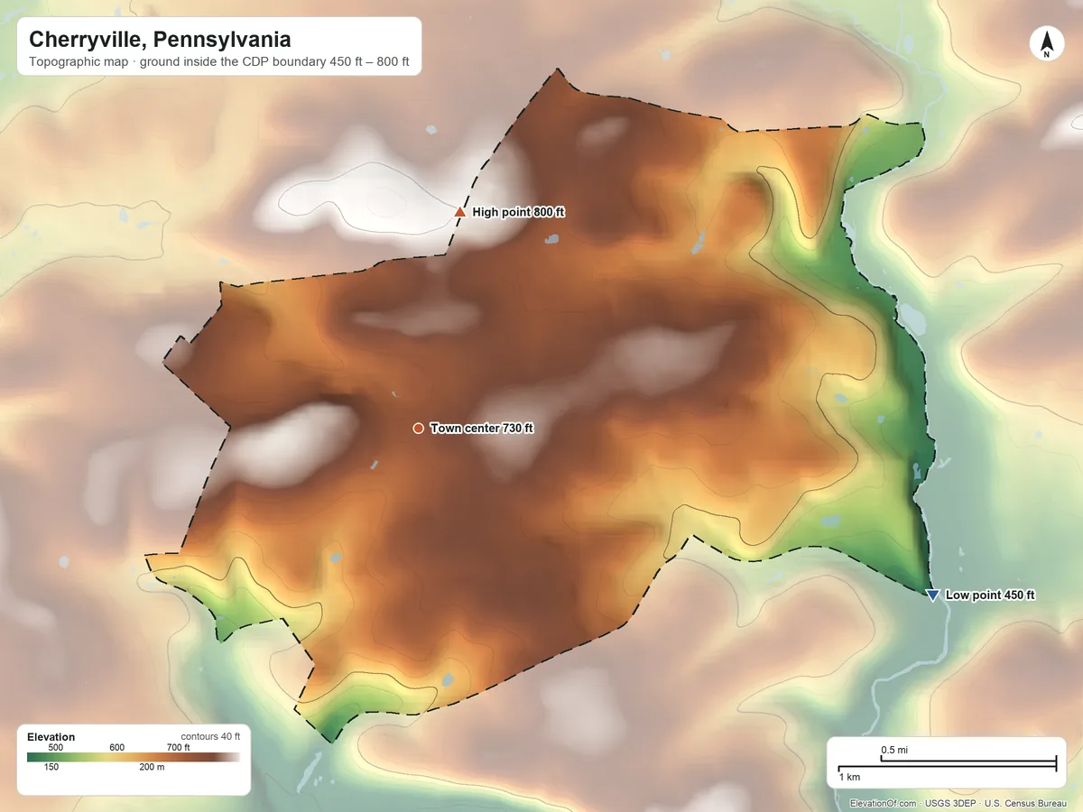 Topographic elevation map of Cherryville, Pennsylvania, shaded from 450 ft on the east side to 800 ft on the north side