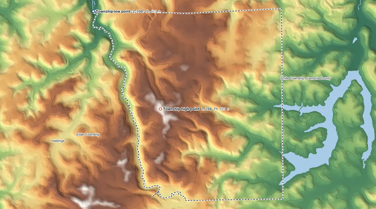 Topographic elevation map of Chest Township, Cambria County, Pennsylvania, shaded from 1,390 ft on the northwest side to 2,280 ft on the west side