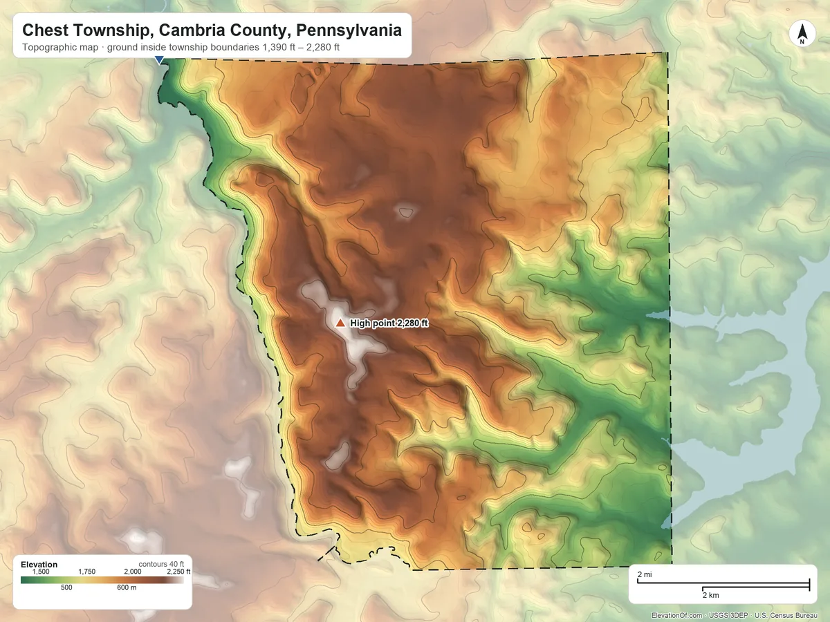 Topographic elevation map of Chest Township, Cambria County, Pennsylvania, shaded from 1,390 ft on the northwest side to 2,280 ft on the west side