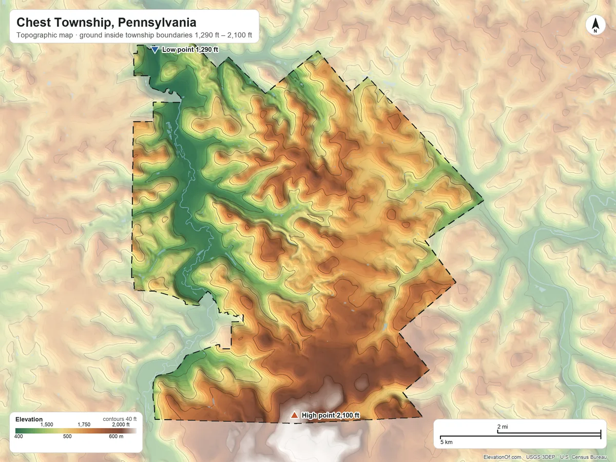 Topographic elevation map of Chest Township, Pennsylvania, shaded from 1,290 ft on the northwest side to 2,100 ft on the south side