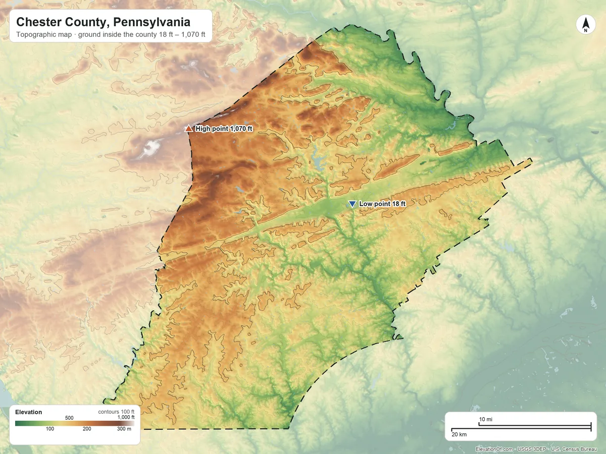 Topographic elevation map of Chester County, Pennsylvania, shaded from 18 ft near the middle to 1,070 ft on the northwest side