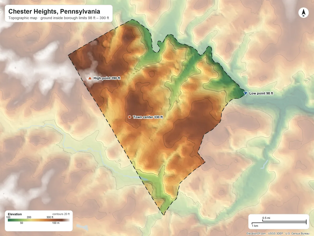 Topographic elevation map of Chester Heights, Pennsylvania, shaded from 98 ft on the east side to 390 ft on the northwest side
