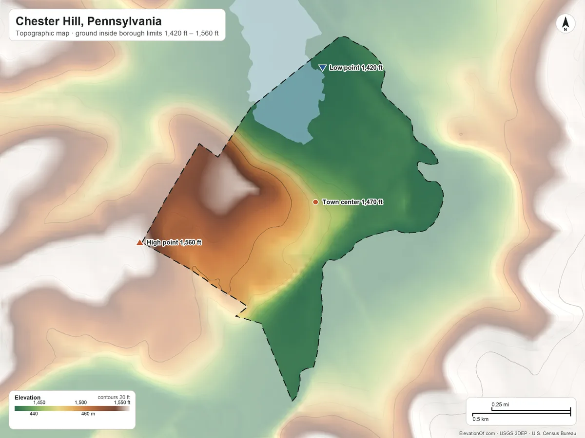 Topographic elevation map of Chester Hill, Pennsylvania, shaded from 1,420 ft on the north side to 1,560 ft on the west side