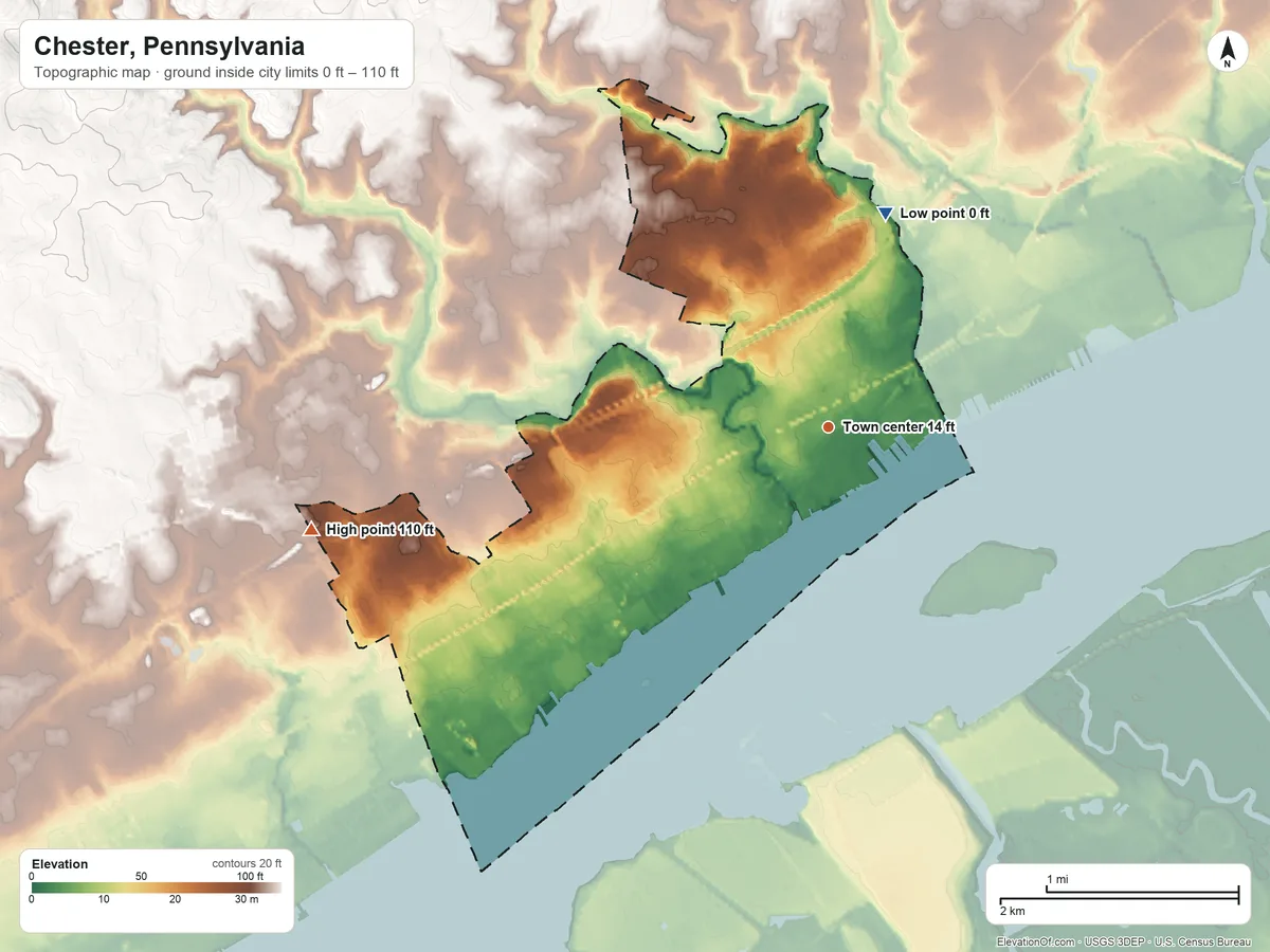 Topographic elevation map of Chester, Pennsylvania, shaded from 0 ft on the north side to 110 ft on the west side