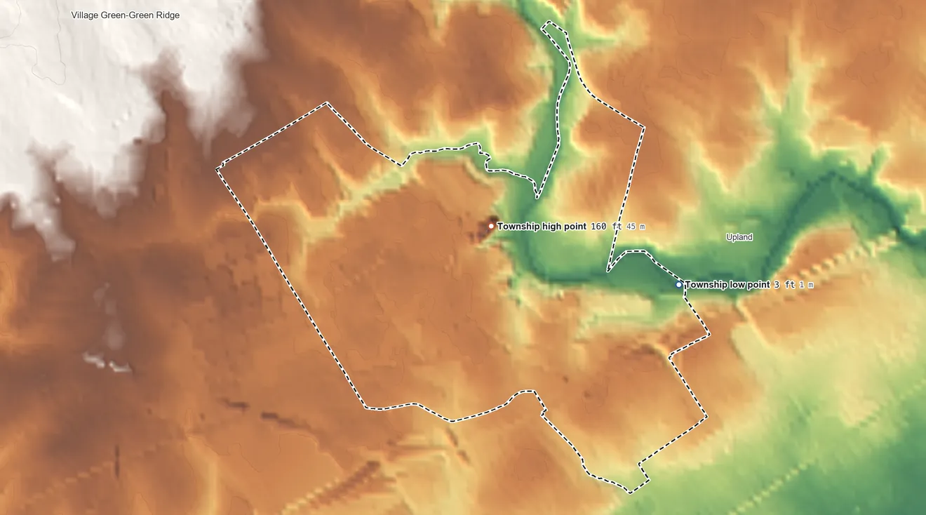 Topographic elevation map of Chester Township, Pennsylvania, shaded from 3 ft on the east side to 160 ft on the west side