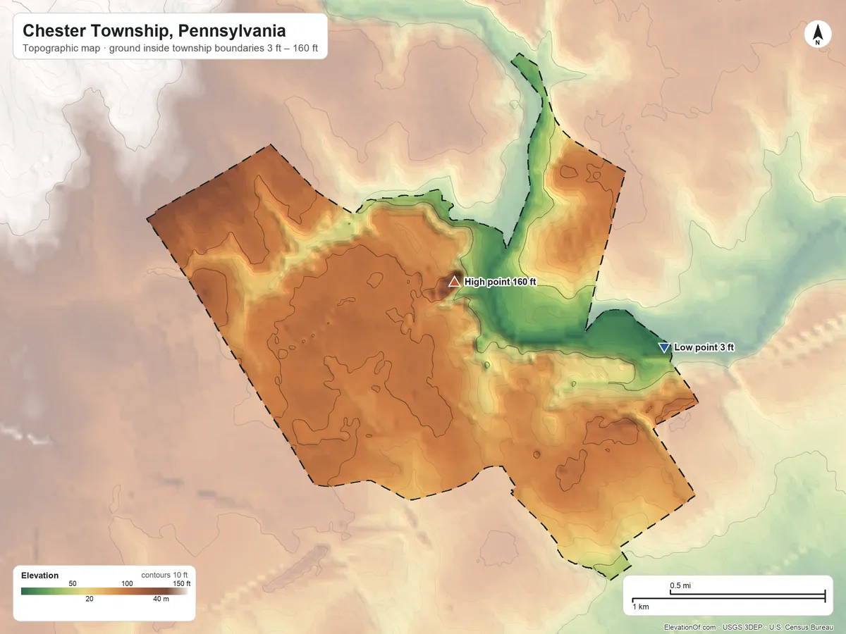 Topographic elevation map of Chester Township, Pennsylvania, shaded from 3 ft on the east side to 160 ft on the west side