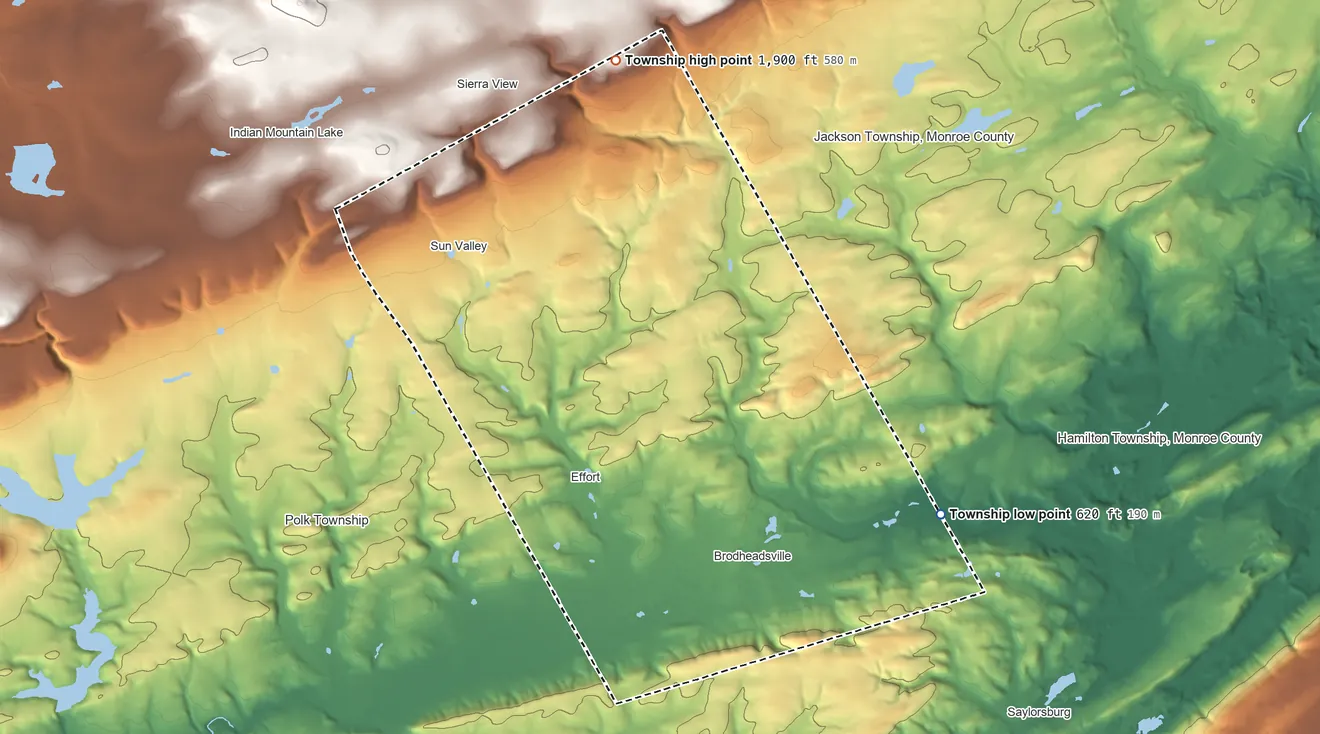 Topographic elevation map of Chestnuthill Township, Pennsylvania, shaded from 620 ft on the southeast side to 1,900 ft on the north side