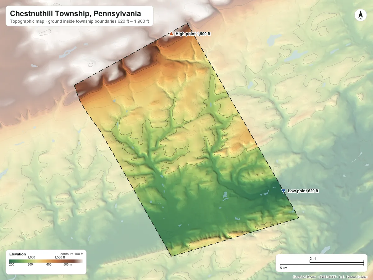 Topographic elevation map of Chestnuthill Township, Pennsylvania, shaded from 620 ft on the southeast side to 1,900 ft on the north side