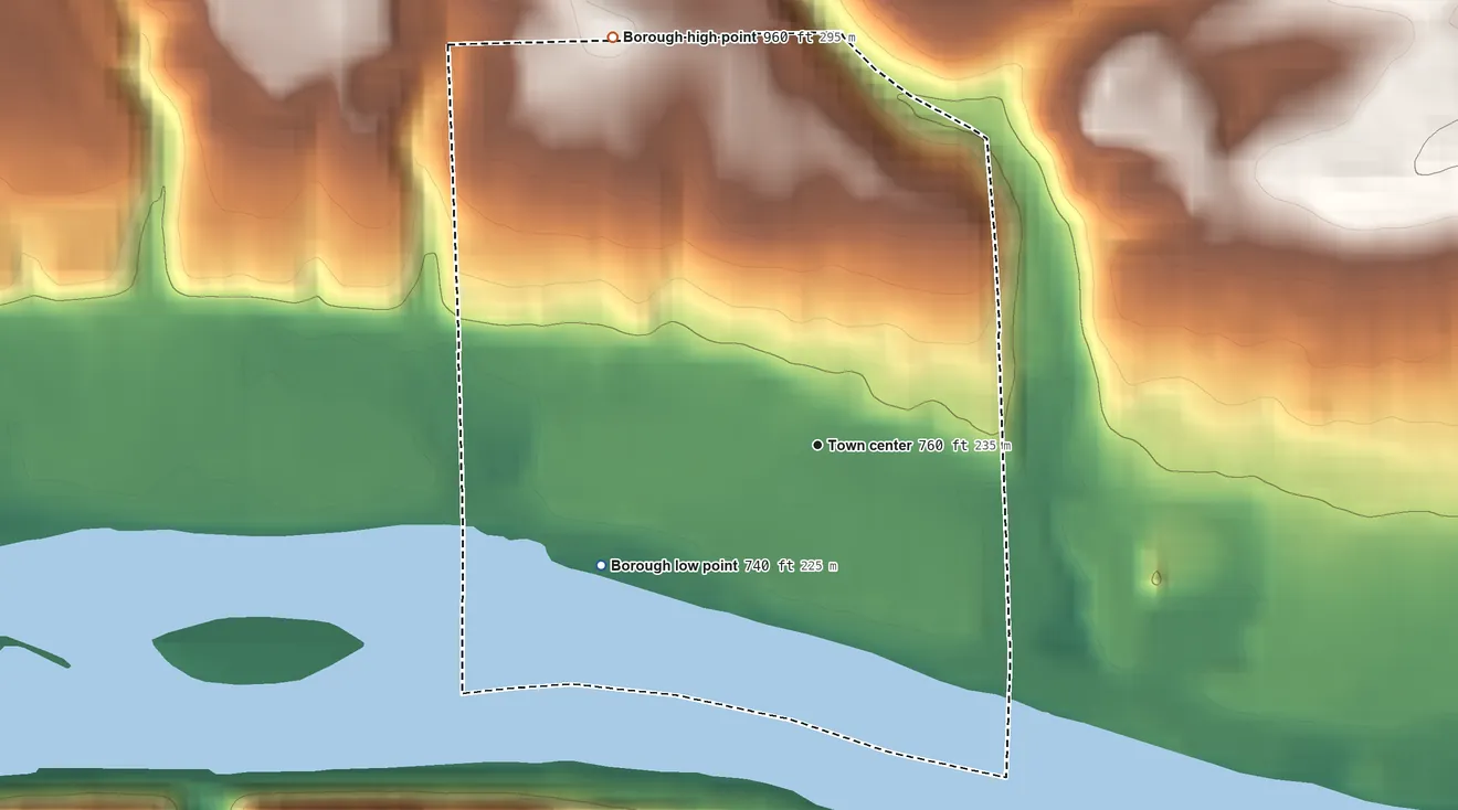 Topographic elevation map of Cheswick, Pennsylvania, shaded from 740 ft on the southwest side to 960 ft on the northwest edge, below higher ground just outside