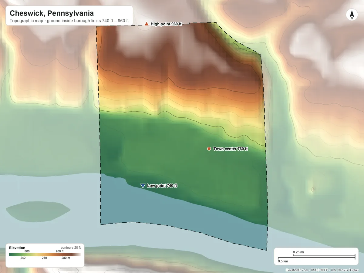 Topographic elevation map of Cheswick, Pennsylvania, shaded from 740 ft on the southwest side to 960 ft on the northwest edge, below higher ground just outside