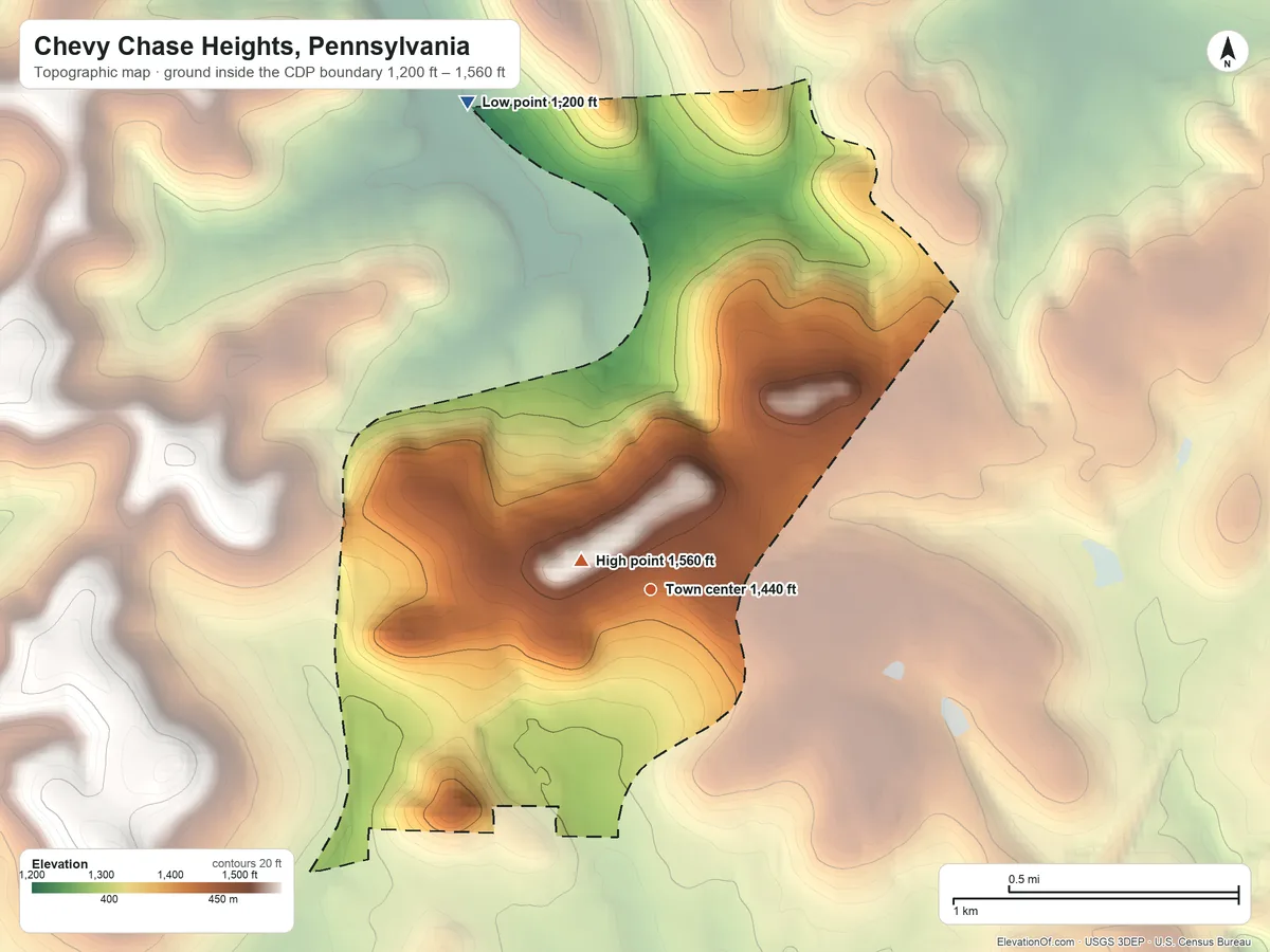 Topographic elevation map of Chevy Chase Heights, Pennsylvania, shaded from 1,200 ft on the north side to 1,560 ft near the middle