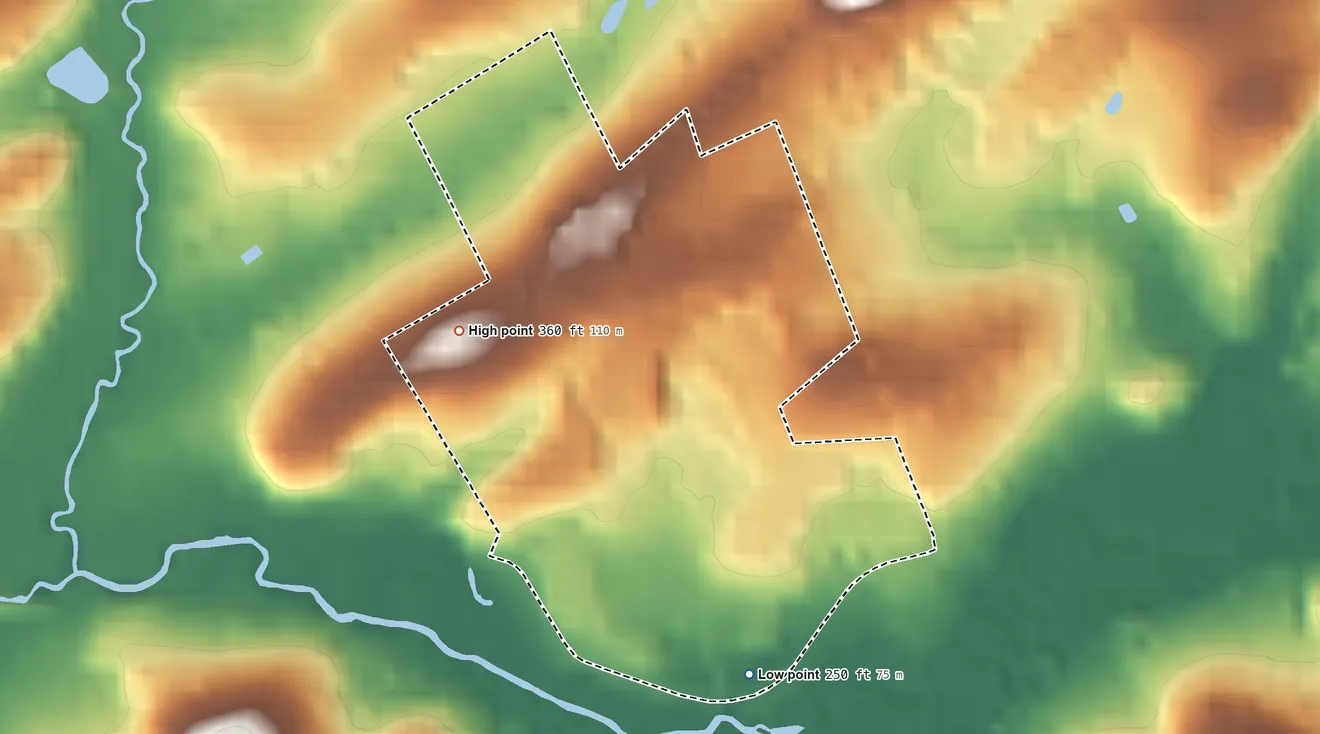 Topographic elevation map of Cheyney University, Pennsylvania, shaded from 250 ft on the southwest side to 360 ft on the northwest side