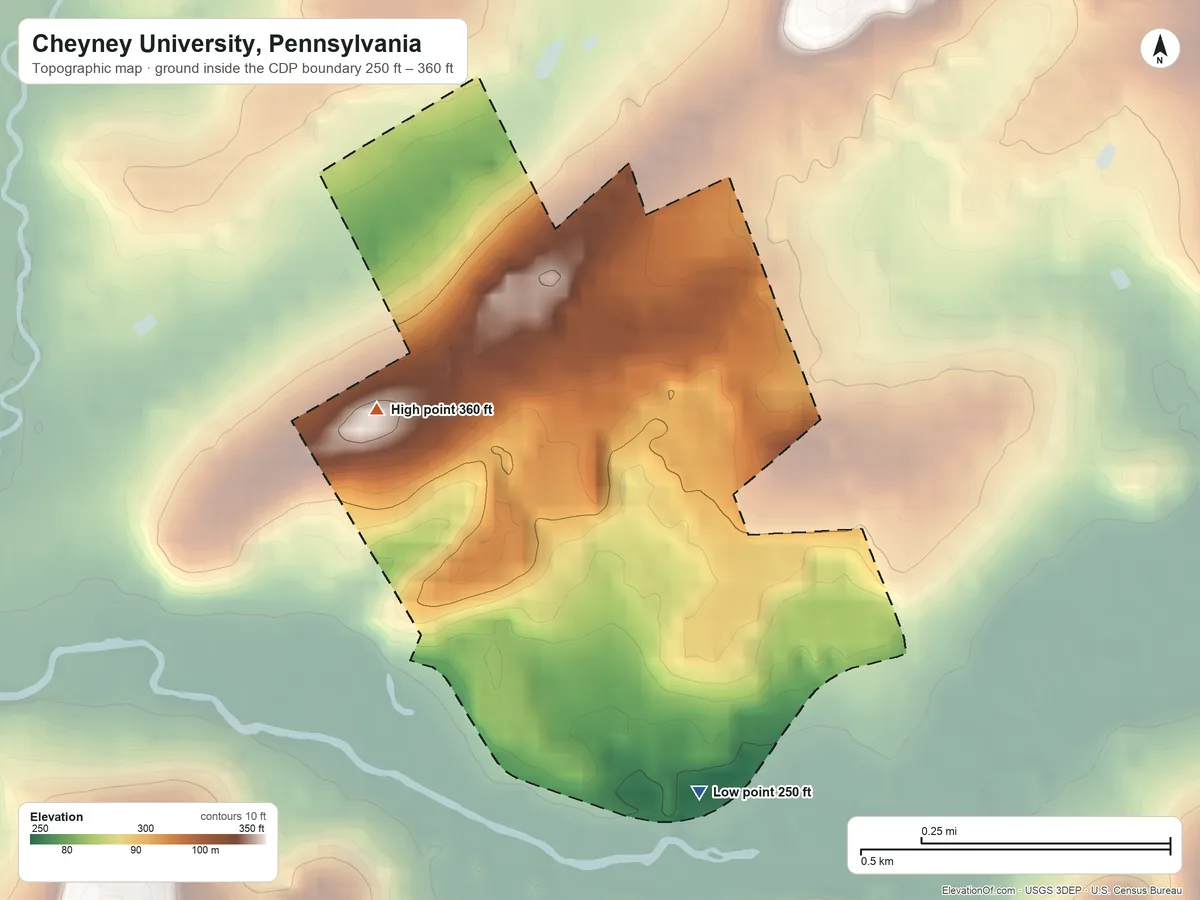 Topographic elevation map of Cheyney University, Pennsylvania, shaded from 250 ft on the southwest side to 360 ft on the northwest side