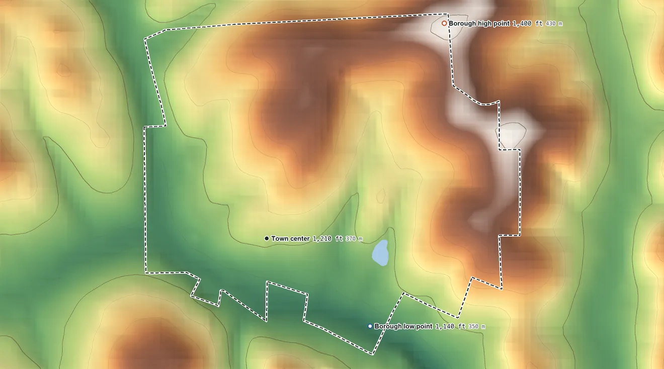 Topographic elevation map of Chicora, Pennsylvania, shaded from 1,140 ft on the southeast side to 1,400 ft on the northeast side