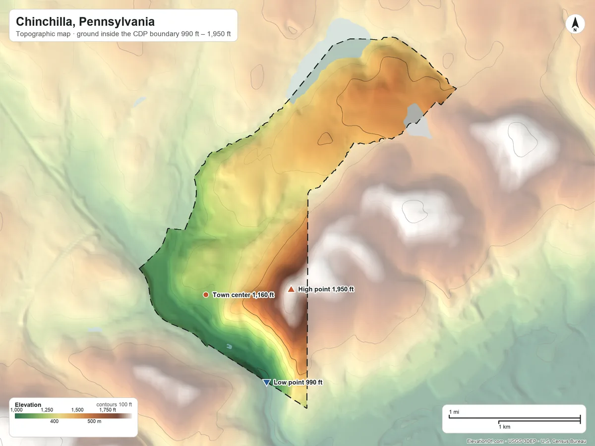 Topographic elevation map of Chinchilla, Pennsylvania, shaded from 990 ft on the southeast side to 1,950 ft on the east side