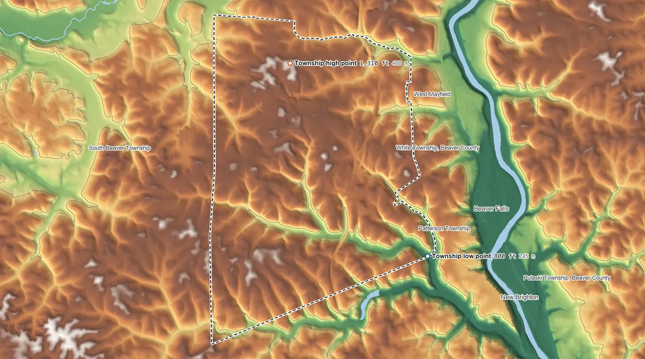 Topographic elevation map of Chippewa Township, Pennsylvania, shaded from 800 ft on the southeast side to 1,310 ft on the northwest side
