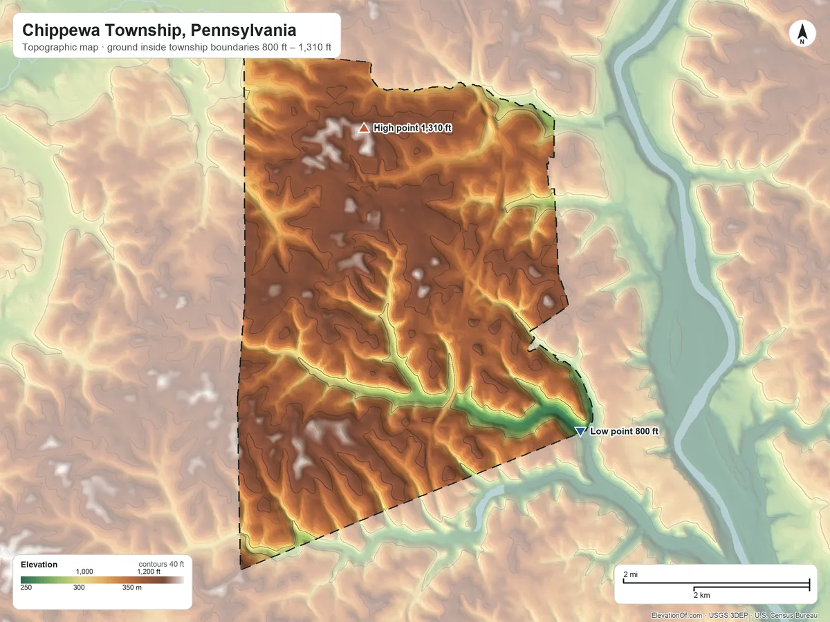 Topographic elevation map of Chippewa Township, Pennsylvania, shaded from 800 ft on the southeast side to 1,310 ft on the northwest side